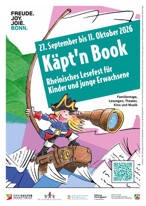 Ankündigungsplakat "Käpt'n Book, Rheinisches Lesefest für Kinder und junge Erwachsene" 2026