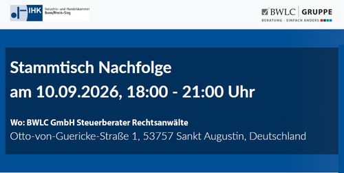Ankündigung für die Veranstaltung "Stammtisch Nachfolge" am 10.09.2026