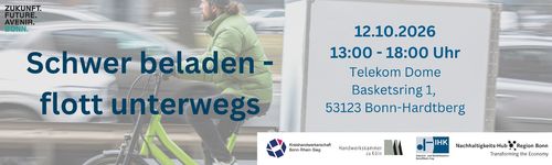 Ankündigung des Lastenrad-Aktionstags "Schwer beladen – flott unterwegs“. Im Hintergrund ist ein Mann auf einem Fahrrad mit Anhänger zu sehen. 