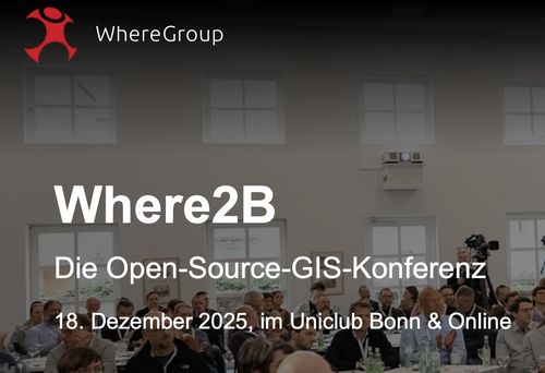 Where2B – Die Open-Source-GIS-Konferenz.

Logo der WhereGroup. Konferenzsaal als Hintergrundbild.