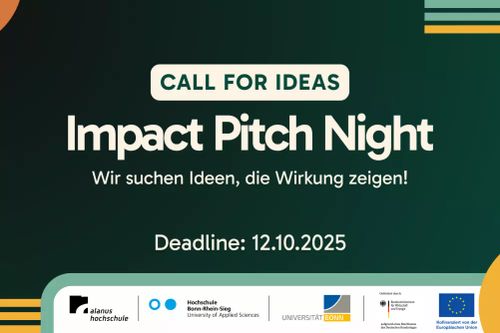 Plakat mit dem Text:
Call For Ideas
Impact Pitch Night 2025
Wir suchen Ideen, die Wirkung zeigen

Deadline: 12.10.2025

