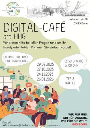 Digital-Café am HHG
Wir bieten Hilfe bei allen Fragen rund um Ihr Handy oder Tablet. Kommen Sie einfach vorbei!

Logo der Weltverbesserer am HHG und Illustration des Helmholtz-Gymnasiums