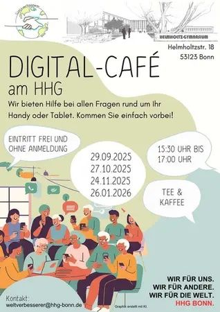 Digital-Café am HHG
Wir bieten Hilfe bei allen Fragen rund um Ihr Handy oder Tablet. Kommen Sie einfach vorbei!

Logo der Weltverbesserer am HHG und Illustration des Helmholtz-Gymnasiums