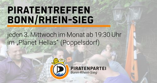 Piratentreffen der Piratenpartei Bonn-Rhein-Sieg – jeden 3. Mittwoch im Monat ab 19:30 Uhr im „Planet Hellas“ (Bonn-Poppelsdorf)