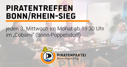 Piratentreffen der Piratenpartei Bonn-Rhein-Sieg – jeden 3. Mittwoch im Monat ab 19:30 Uhr im „Cobami“ (Bonn-Poppelsdorf)